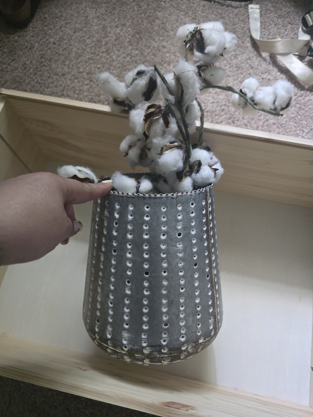 Silver Distressed Metal Vase with Cotton Stems